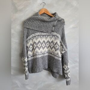 Free People Fair Isle Split Neck Sweater Size XS Ragnar Oversized Gray White